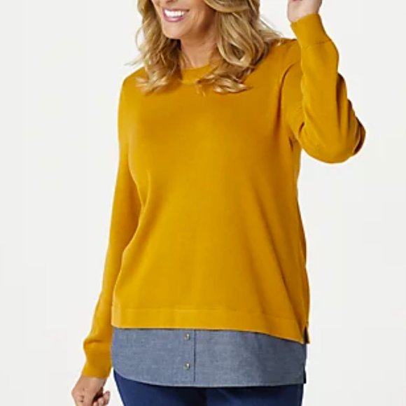 Denim & Co Long Sleeve 2-fer Sweater with Denim Trim  9483 - Picture 1 of 2